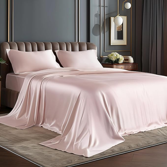 BEDELITE Satin Sheets Twin XL Size Bed Set, Luxury Soft Pink Silky Sheets by BEDELITE