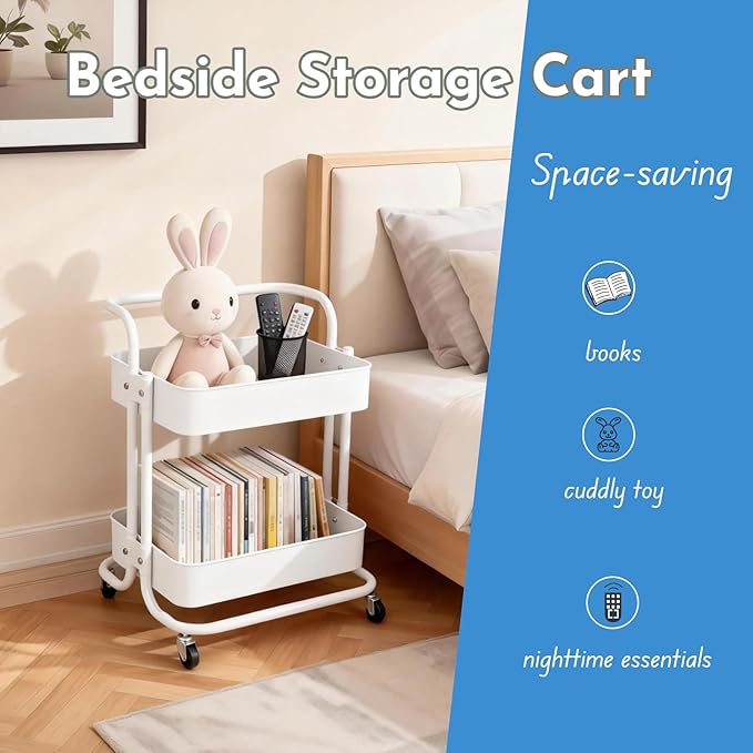 Ufriandz 2 Tier Cart with Wheels Under Desk Storage with Handle, Metal Rolling Pantry Cart for Kitchen White Small Rolling Basket for Laundry Room Bathroom, Utility Shelf Organizer for Small Space