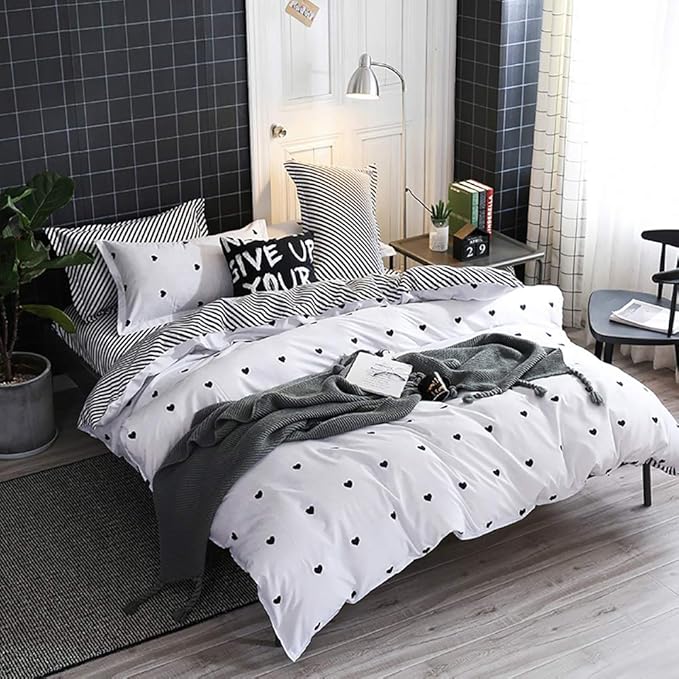 Omelas Kids Heart Love Twin Duvet Cover Set Black and White Teens Girls Lovely - Image 2