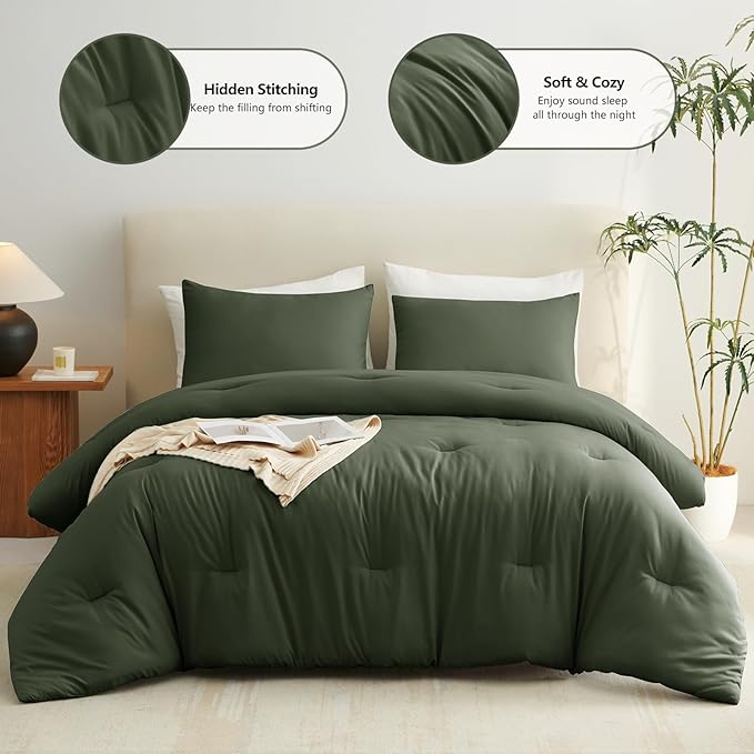CozyLux Queen Comforter Set Dark Green, 3 Pieces Solid Comforters Queen Size - Image 2