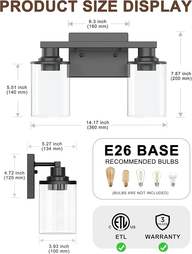 L LOHAS LED 2-Light Black Bathroom Light Fixtures, Modern Lighting Fixtures - Image 5