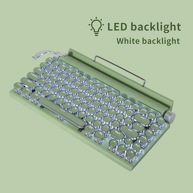 Adventurers Retro Typewriter-Style Mechanical Keyboard, 83 Keys, 75% Compact Layout, Bluetooth 5.0 and Wired, Hot-Swappable Blue Switch, White Backlit for Windows/Mac/iPad/PC/Laptop (Mint Green)