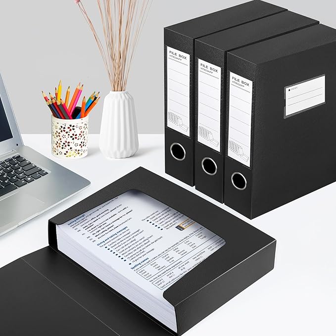 HUA JIE 2 Pack A4 Storage File Boxes Archives Case,65mm Spine,Box File Document Storage Box for Office School -Black