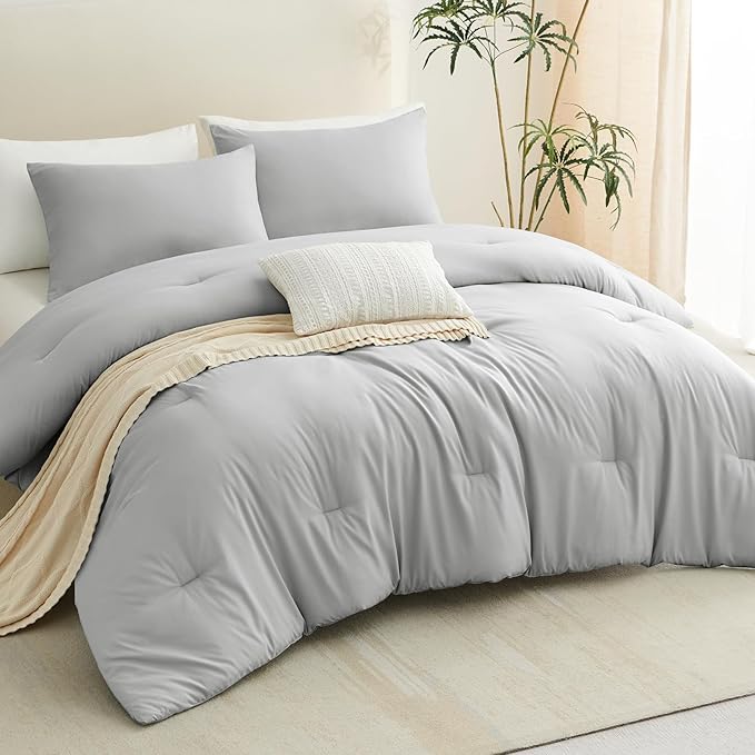 CozyLux Full Size Comforter Set Light Grey, 3 Pieces Solid Breathable Quilted - Image 9