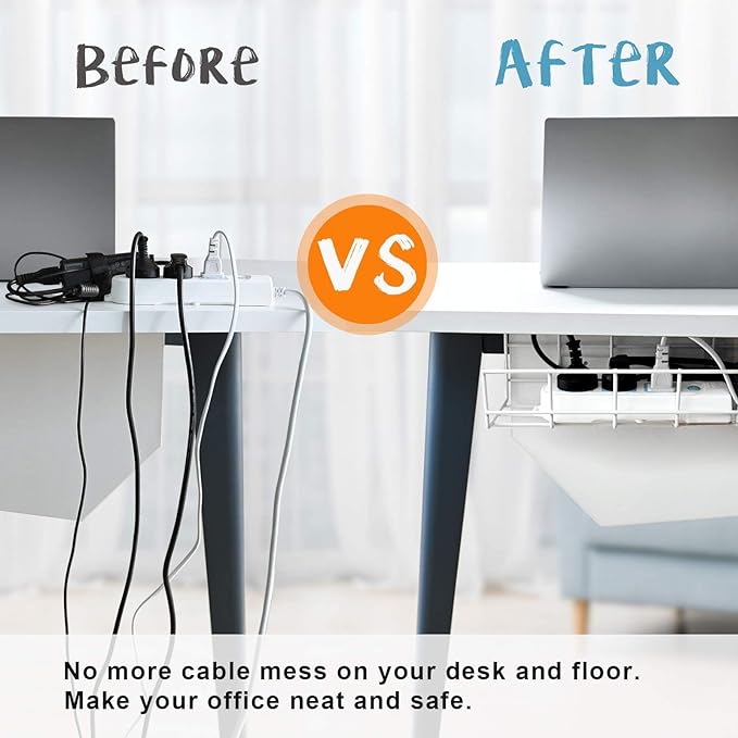 Under Desk Cable Management- 6 Pack Cord Organizer. Metal Wire Cable Management Tray for Office, Studio and Home. Super Sturdy Under Table Cable Managements - White Cable Organizer