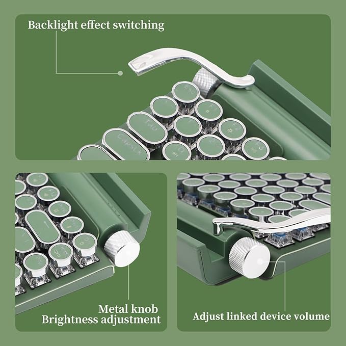 Adventurers Retro Typewriter-Style Mechanical Keyboard, 83 Keys, 75% Compact Layout, Bluetooth 5.0 and Wired, Hot-Swappable Blue Switch, White Backlit for Windows/Mac/iPad/PC/Laptop (Dark Green)