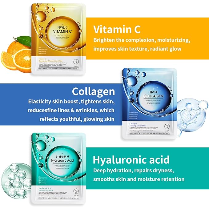 12 Pack Sheet Face Masks Skincare, Mothers Day Gifts, Collagen Face Mask - Image 3