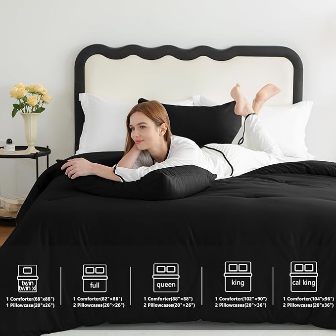 CozyLux Queen Comforter Set Black, 3 Pieces Solid Comforters Queen Size - Image 6