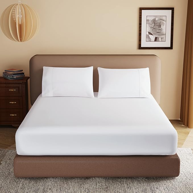 100% Egyptian Cotton Fitted Sheet Twin-XL/Split King Size White, 600 Thread by ZaizaiHome