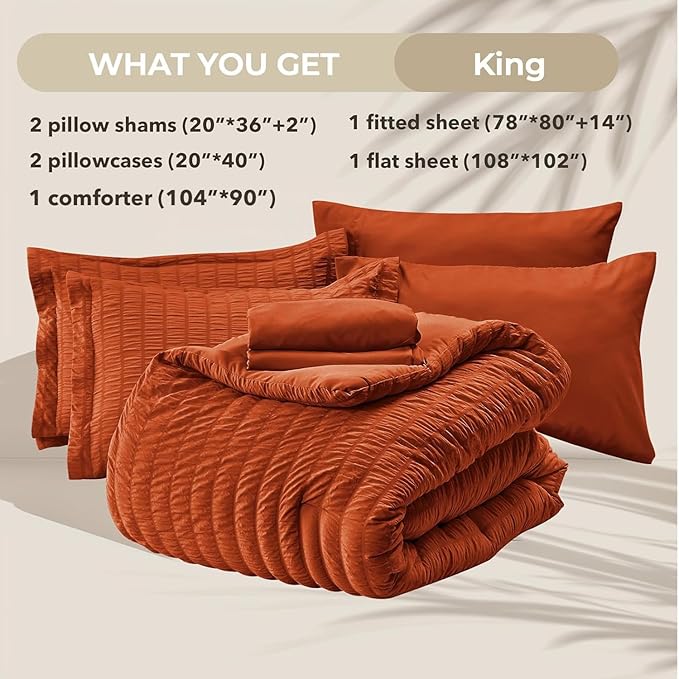 HYMOKEGE Burnt Orange King Size Comforter Set Seersucker 7 Pieces, All Season - Image 5