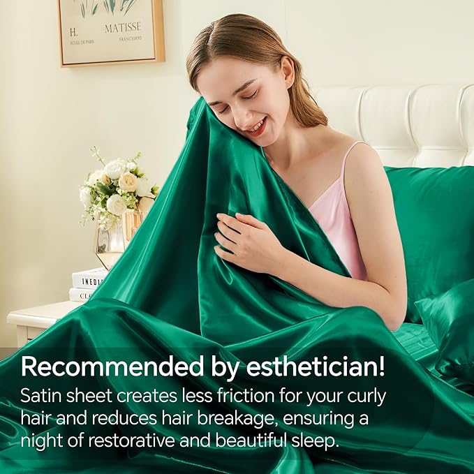 BEDELITE Satin Sheets Twin Size Bed Set, Luxury Soft Dark Green Silky Sheets - Image 3