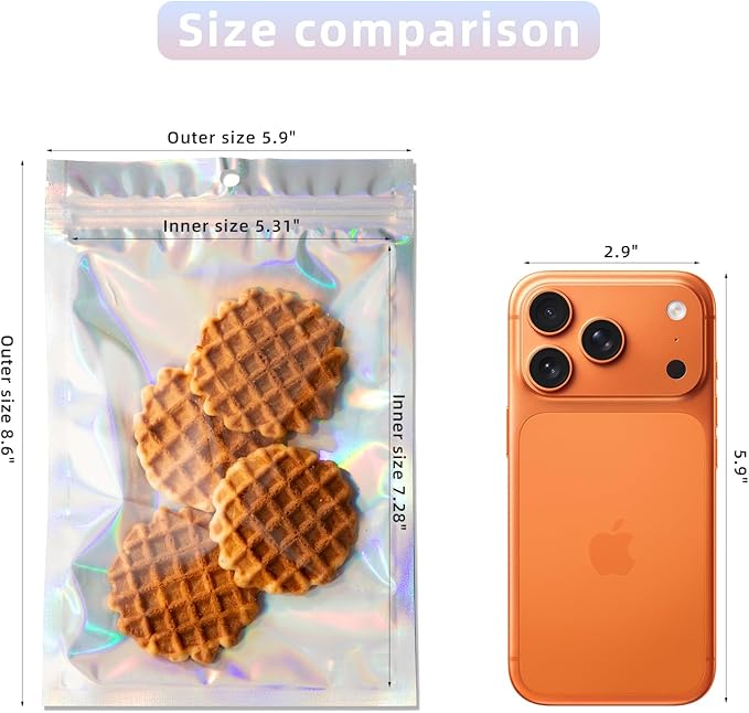 100Pcs Holographic Packaging Bags, 5.9x8.6 inch Resealable Foil Pouch Mylar Sample Bag Great for Small Business and Party