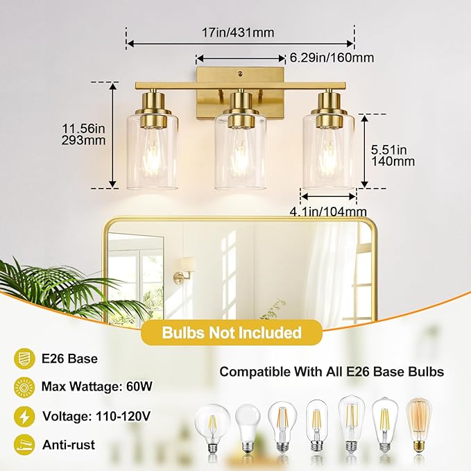 3-Light Vanity Lights with Clear Glass Shades, Brushed Gold Bathroom Light - Image 8