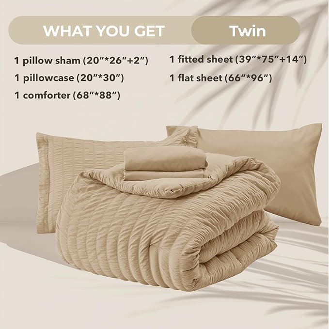 HYMOKEGE Khaki Twin Comforter Set Seersucker 5 Pieces, All Season Luxury Bed in - Image 5