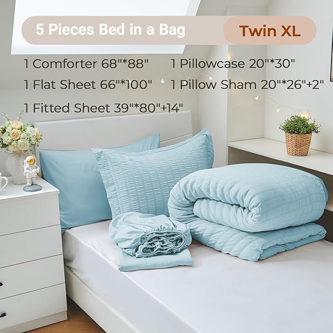 MUXHOMO 5 Pieces Twin XL Comforter Set, Seersucker Bed in a Bag Twin XL Size - Image 4