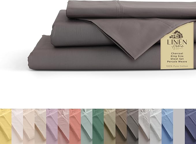 Linen Home 100% Cotton Percale Sheets King Size, Deep Pocket, 4 Pieces Set by LINENHOME