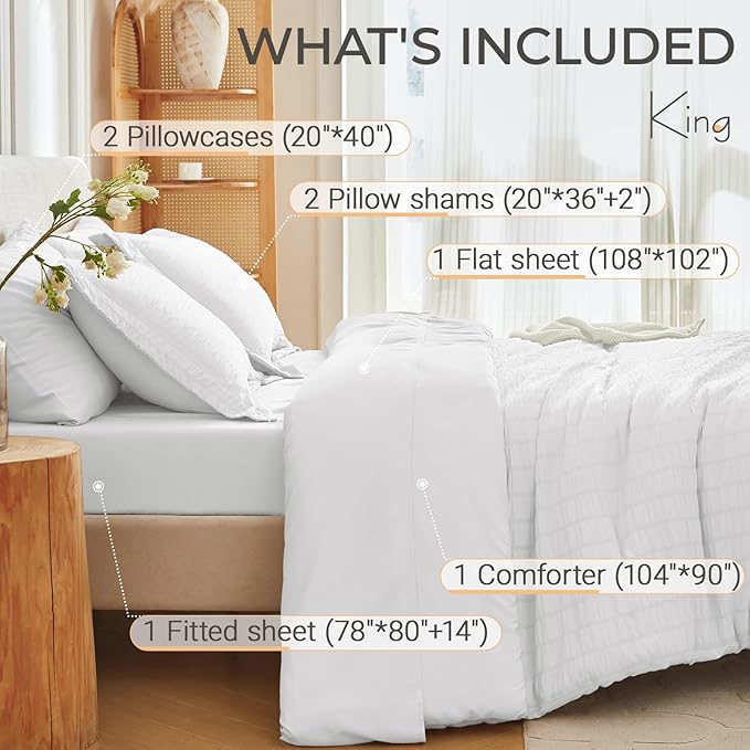 MUXHOMO 7 Pieces King Comforter Set, Seersucker Bed in a Bag King Size - Image 4