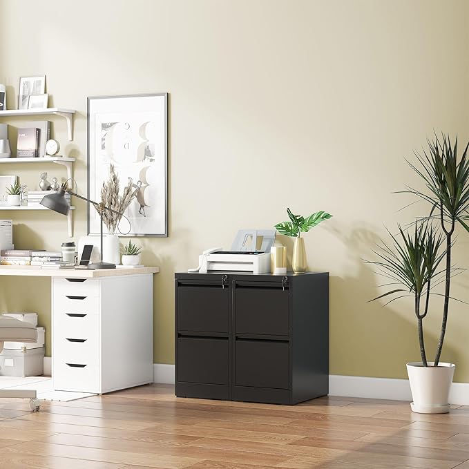 Reegangfa 2 Drawer File Cabinet with Lock, 18" D Metal Vertical Filing Cabinets, Steel File Storage Cabinets for Home Office, Hanging A4 Legal/Letter Size Narrow File Cabinet, Assembly Required