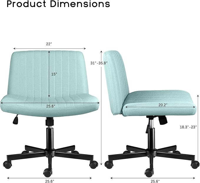 PUKAMI Criss Cross Chair with Wheels,Fabric Padded Armless Cross Legged Office Desk Chair for Home Office,Modern Swivel Height Adjustable Wide Seat Computer Task Vanity Chair(Mint Green)