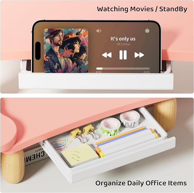 AFOOYO Dual Monitor Riser, Cookie-Shaped Adjustable Length & Swivel Angle, Wooden Desktop Organizer for 2 Monitors,Monitor Stand with Drawer for Laptop, PC, Computer, Printer,Pink