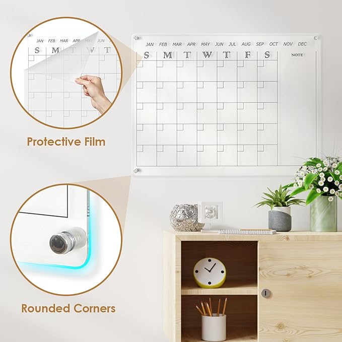 MAKELLO Acrylic Calendar for Wall 24" x 18", Clear Dry Erase Calendar for Office, School, Home, Bedroom, 4 Pens, Pen Holder, Wall-Mount Screws