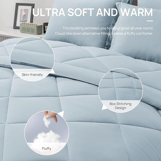 Love's cabin Twin Comforter Set Light Blue, 5 Pieces Twin Bed in a Bag - Image 4