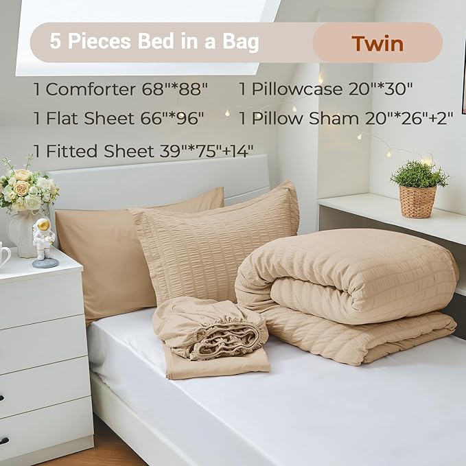 MUXHOMO 5 Pieces Twin Comforter Set, Seersucker Bed in a Bag Twin Size - Image 4