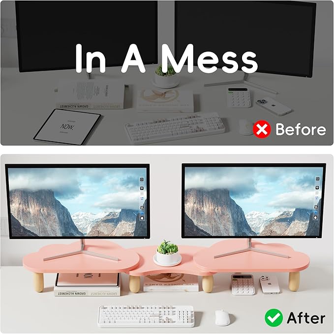 AFOOYO Dual Monitor Stand Riser, Adjustable Rainbow Cloud Desktop Organizer for 2 Monitors, Flexible Length & Angle Computer Stand for Laptop, PC, Printer, Home Office Use - Pink