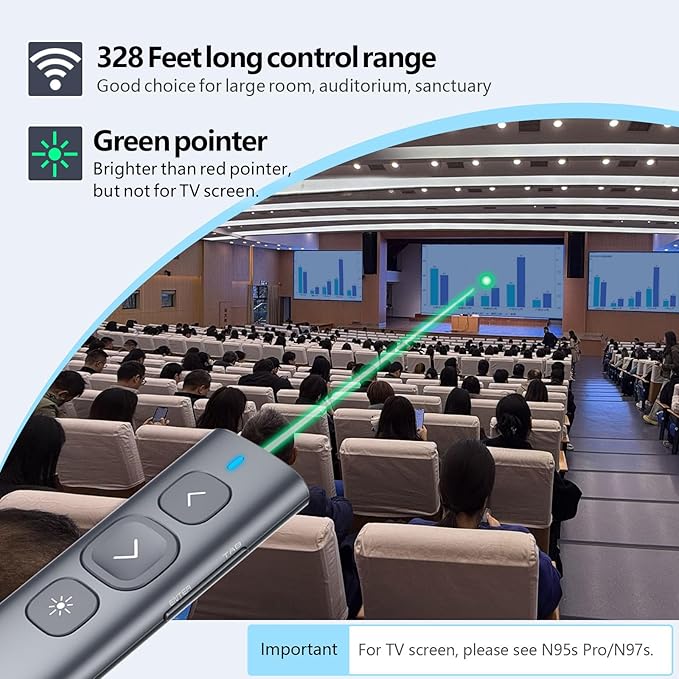 Norwii N95 Presentation Clicker, PowerPoint Clicker for Presentation Remote, Rechargeable Wireless Presenter Pointer, Slide Advancer for PC/Laptop/e-Book (BLE&USB-A&C, Green Light)