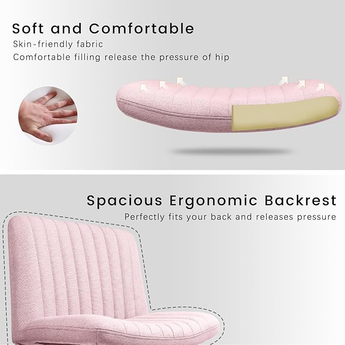 PUKAMI Criss Cross Chair,Armless Cross Legged Office Desk Chair No Wheels,Fabric Padded Modern Swivel Height Adjustable Mid Back Wide Seat Computer Task Vanity Chair for Home Office(Pink)