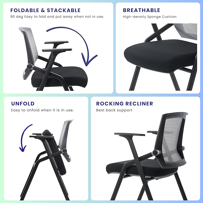 BLANEDUO, 2 Pack Stackable Conference Room Chairs with Paddle Folding Office Chair Foldable Desk Chair Mesh Back and Arms for Conference Meeting Guest Reception Home Office Training Room Chair