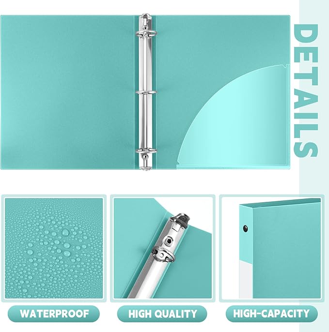 Henoyso 36 Pcs 3 Ring Binder 0.5 Inch Round Fits Letter Size 8.5'' x 11'' Paper Plastic Flexible Binder Bulk Holds 140 Sheets with 1 Pockets Versatile Organizer for Home Office School (Mint Green)