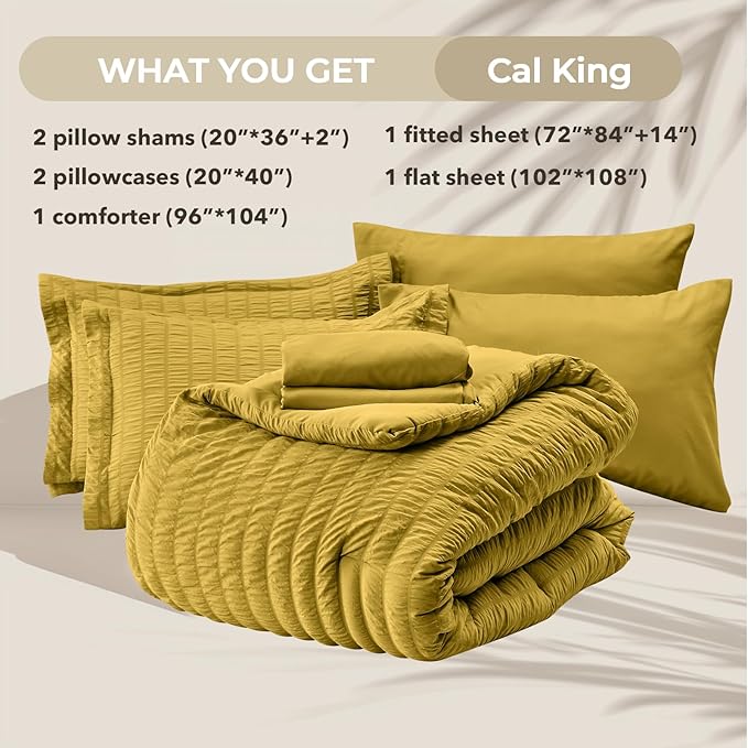 HYMOKEGE Mustard Yellow California King Comforter Set Seersucker 7 Pieces - Image 6