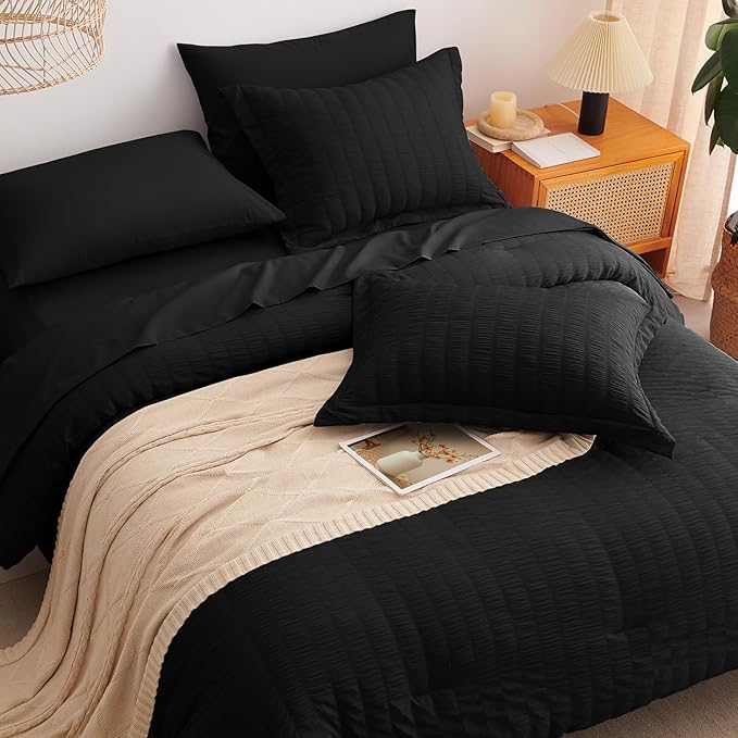 CozyLux Oversized King Comforter Set Black Seersucker 7 Pieces 120x98 Bed in a - Image 6
