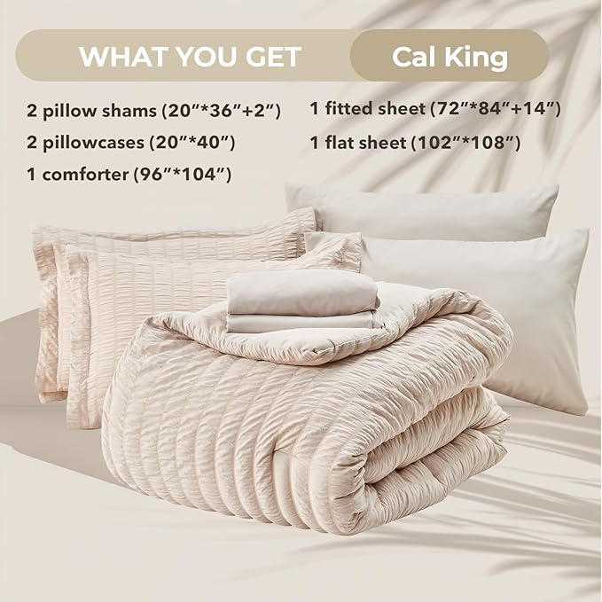 HYMOKEGE Beige California King Comforter Set Seersucker 7 Pieces, All Season - Image 6
