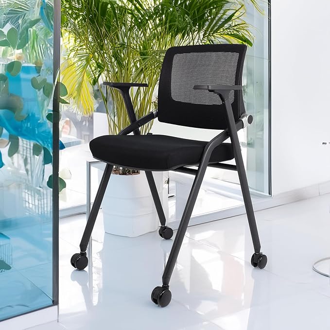 SLKJChr 2 Pack Foldable Office Chairs with Wheels, Mesh Back, Arms and Portable - Folding Office Chairs for Conference Room Chair, Office Guest & Reception & Meeting Chair - (Black) 300 lbs.