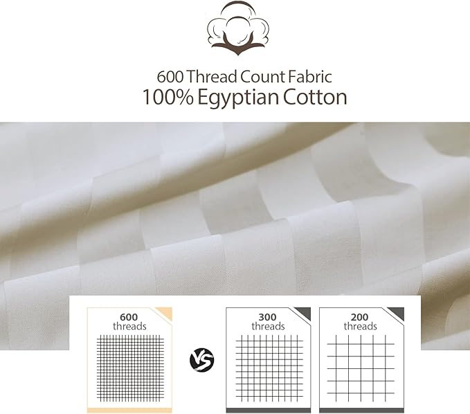 King Size Striped Fitted Sheet Only Light Beige Color, 100% Egyptian Cotton 600 - Image 3
