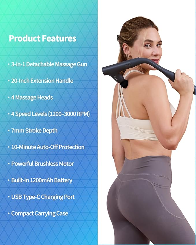 3-in-1 Detachable Massage Gun Deep Tissue, Ergonomic Extension Handle Back - Image 9