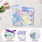 100Pcs Holographic Packaging Bags, 4.7x7 inch Resealable Foil Pouch Mylar Sample Bag Great for Small Business and Party