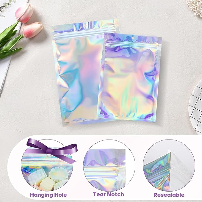 100Pcs Holographic Packaging Bags, 4.7x7 inch Resealable Foil Pouch Mylar Sample Bag Great for Small Business and Party