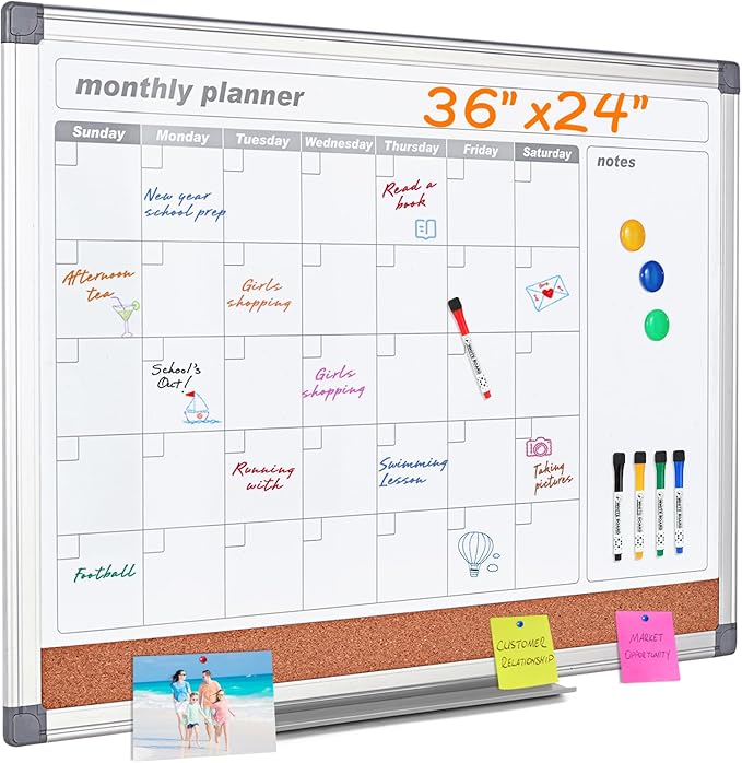 MAKELLO Dry Erase Calendar for Wall 36" x 24", Large Calendar Whiteboard with Cork Board for Office, Home, School, Family, Kitchen and Bedroom, 3' x 2'