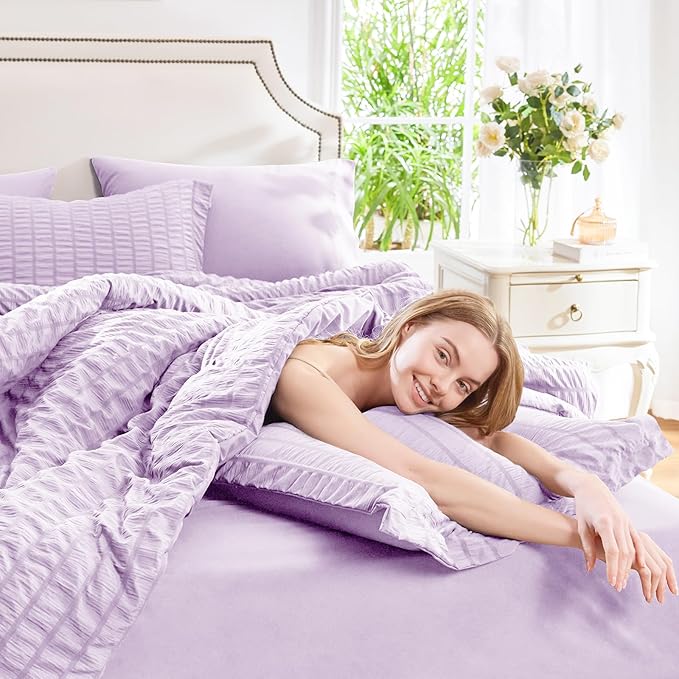CozyLux King Size Comforter Set Light Purple Seersucker 7 Pieces Bed in a Bag - Image 9