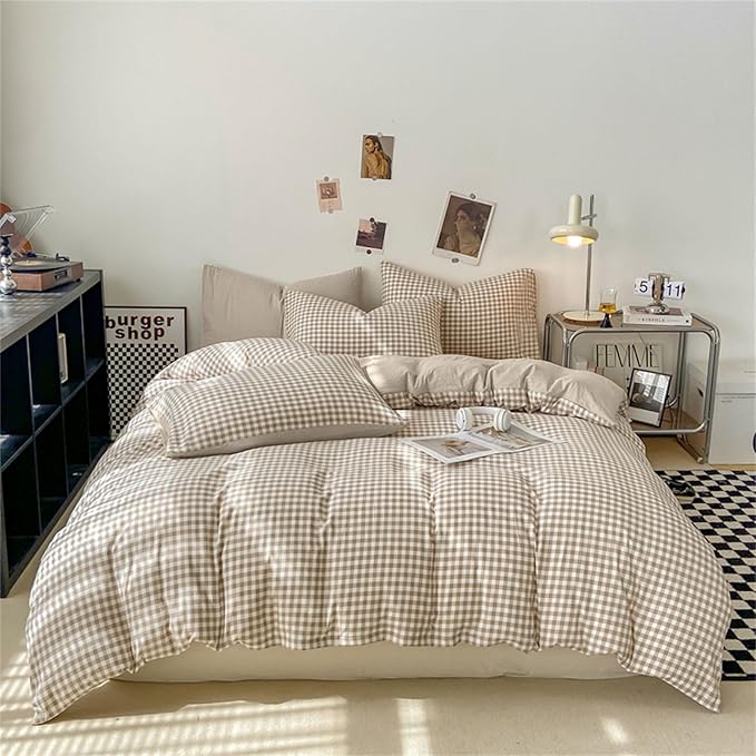 Nayoroom Gingham Duvet Cover Twin Size Brown Tan Plaid Checkered Comforter by Nayoroom