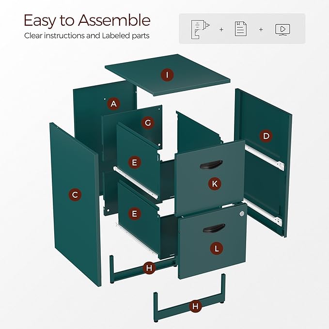 Kubohogar 2 Drawer File Cabinet with Lock,Green Metal Filing Cabinets,Vertical Locking File Cabinet Fit Hanging Files, Letter,File Box and A4 Documents