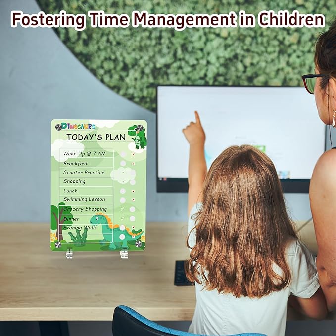 NiHome Acrylic Magnetic To Do List Planning Board with Sliders & Desktop Stand, Kids Chore Chart, Checklist Routine Chart Task Board for Fridge & Desk, For Magnetic Metal Surfaces Only(Green Dinosaur)