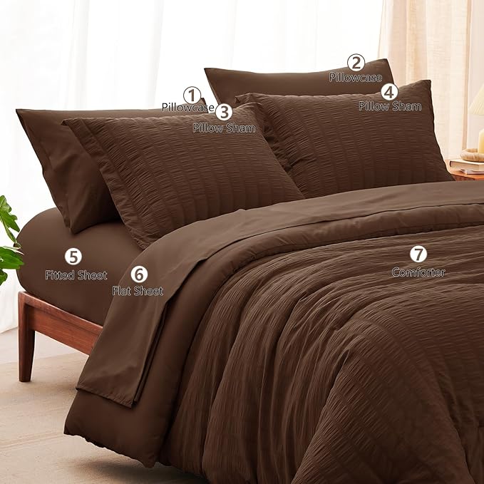 CozyLux Oversized Queen Comforter Set Brown Seersucker 7 Pieces 98x98 Bed in a - Image 8