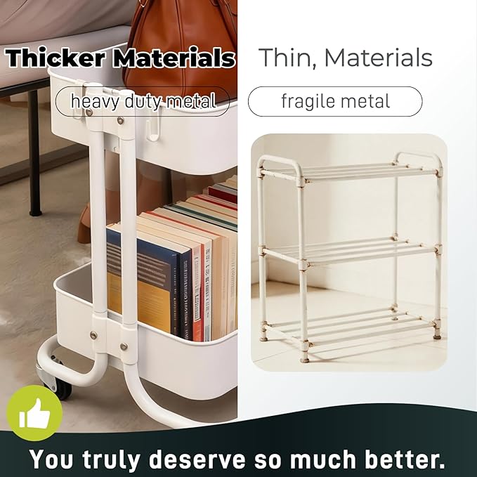 LiWNYRK 2 Tier Under Desk Storage Cart with Wheels Heavy Duty Metal Short Rolling Pantry Storage Cart for Small Space, Utility Trolley for Kitchen Bathroom Laundry Cute Snack Craft Organizer, White