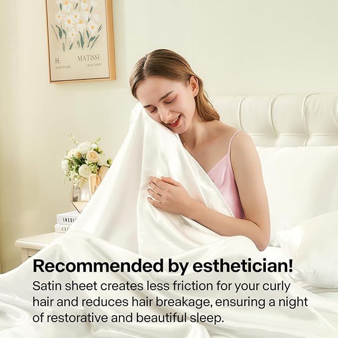 BEDELITE Satin Sheets Twin XL Size Bed Set, Luxury Soft Ivory White Silky Sheets - Image 4