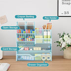Marbrasse Mesh Pen Holder for Desk, Multi-Functional Pencil Organizer with Drawer, Desk Organizers and Accessories for Office Art Supplies (Blue)