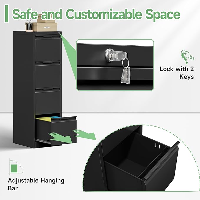 4-Drawer File Cabinet with Lock,Metal Vertical Filing Cabinets for Home Office,Under Desk File Cabinets for Letter/Legal/A4 Size Files,Easy Assemble,Black